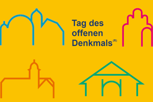 Schriftzug des „Tag des offenen Denkmals“ mit den farbigen Gebäude-Silhouetten der Landkreis-Museen auf gelbem Hintergrund.