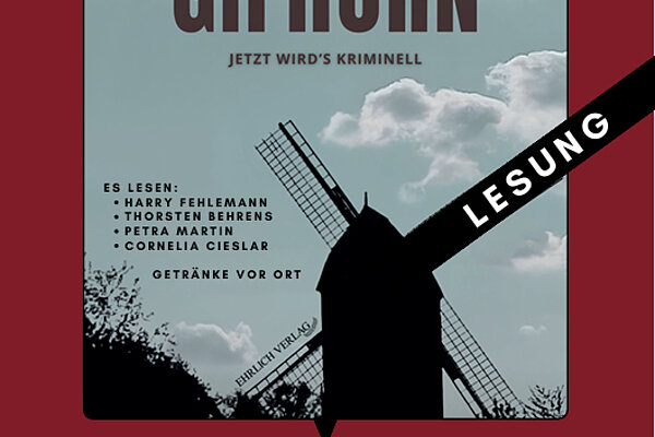 Veranstaltungsplakat für die Lesung „Tatort Gifhorn“. Das Motiv zeigt die Silhouette einer Windmühle vor bewölktem Himmel auf rotem Grund.