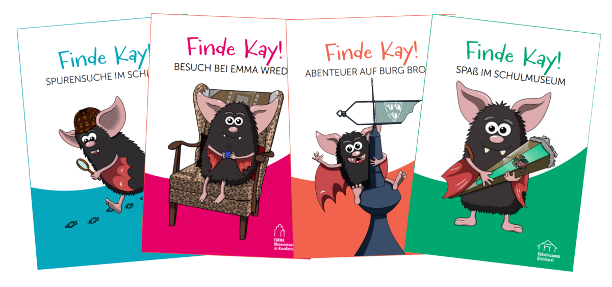 Auf dem Bild sind die vier Titelseiten der Quizhefte "Finde Kay" abgebildet.