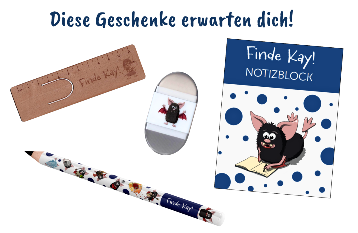 Auf dem Bild sind vier verschiedene Schreibartikel zu sehen mit der Fledermaus Kay darauf abgebildet. Ein Lineal, ein Radiergummi, ein Notizblock und ein Bleistift.