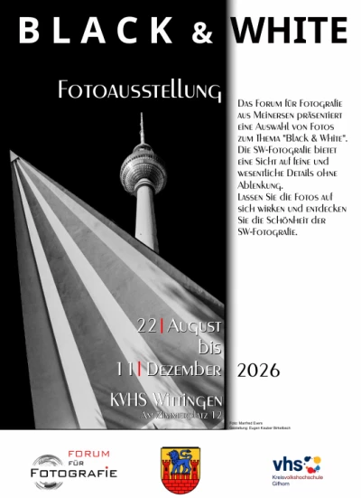 Schwarz-weißes Plakat mit zwei grauen Türmen