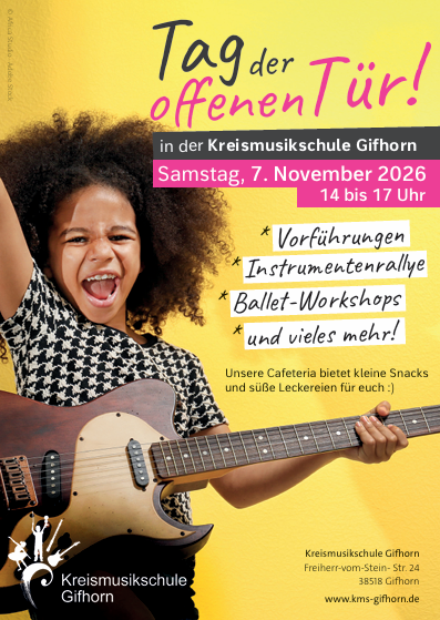 Plakat zum Tag der offenen Tür der Kreismusikschule Gifhorn am Samstag, 7. November 2026, von 14 bis 17 Uhr.