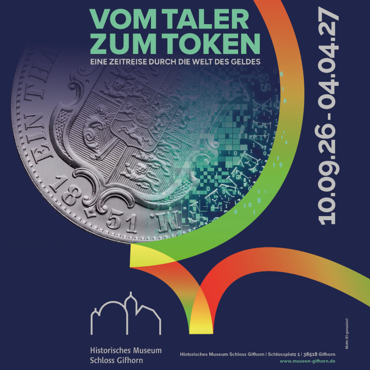 Ausstellungsplakat, das Bildmotiv zeigt den Übergang einer historischen Silbermünze von 1851 in ein digitales Pixelmuster.