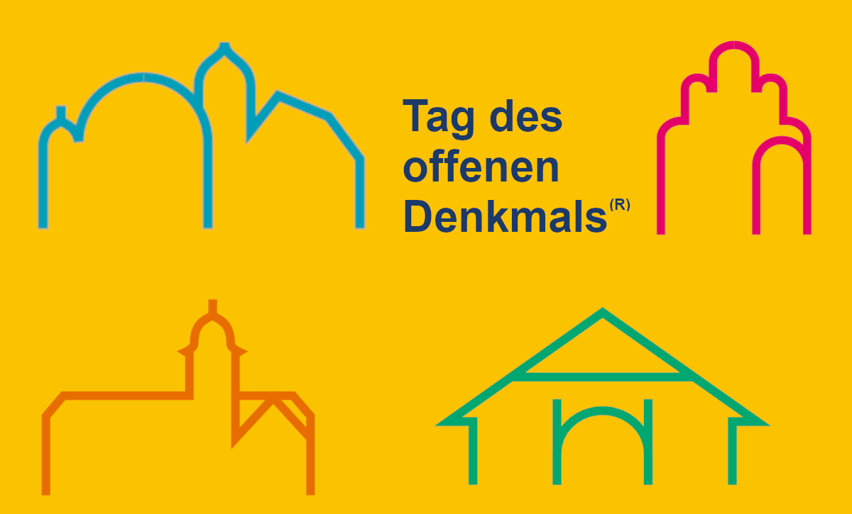 Schriftzug des „Tag des offenen Denkmals“ mit den farbigen Gebäude-Silhouetten der Landkreis-Museen auf gelbem Hintergrund.